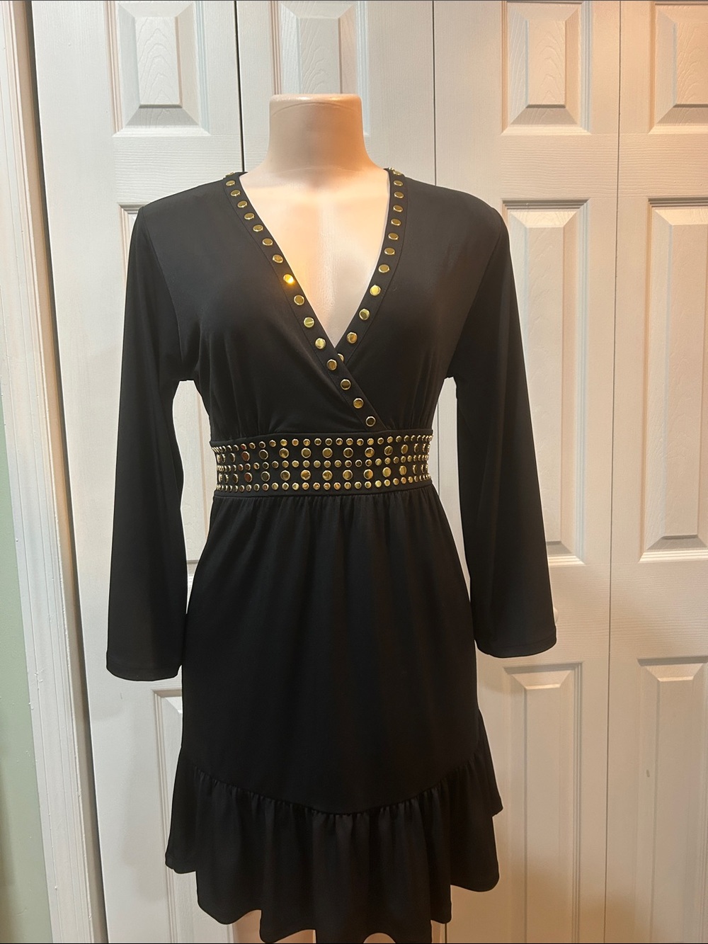 Michael Kors Black Long Sleeve V-Neck Dress with Gold Stud Detail